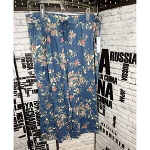 Jaclyn L Blue Floral Drawstring Elastic Waist Pocket Wide Leg Capri Lounge Pants